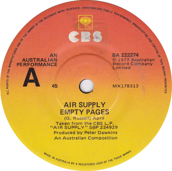 Accords et paroles Empty Pages Air Supply