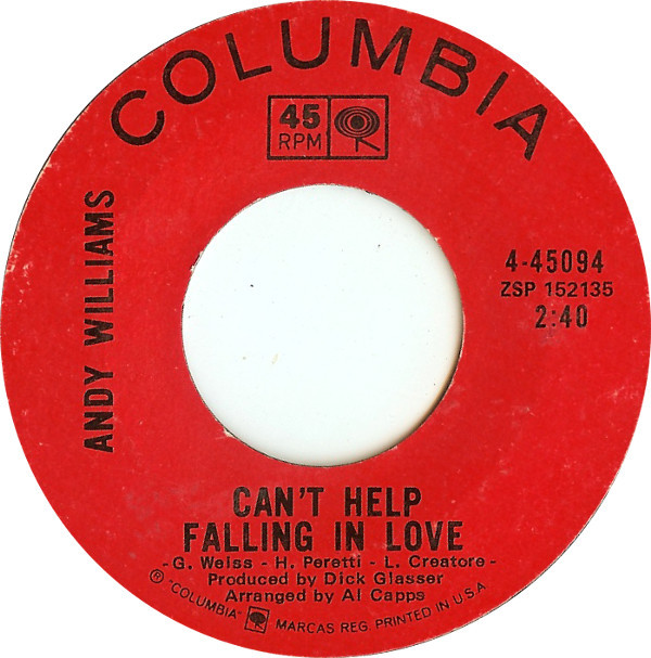 Accords et paroles Can't Help Falling In Love Andy Williams