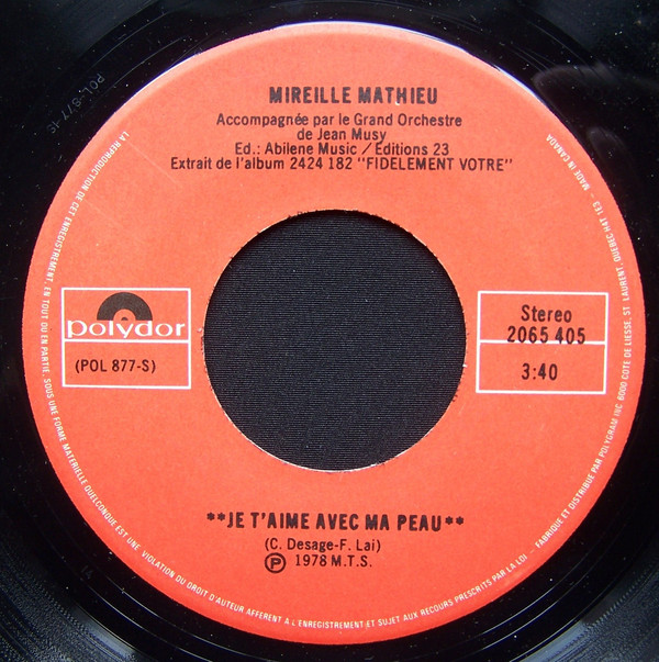 Accords et paroles Je t'aime avec ma peau Mireille Mathieu