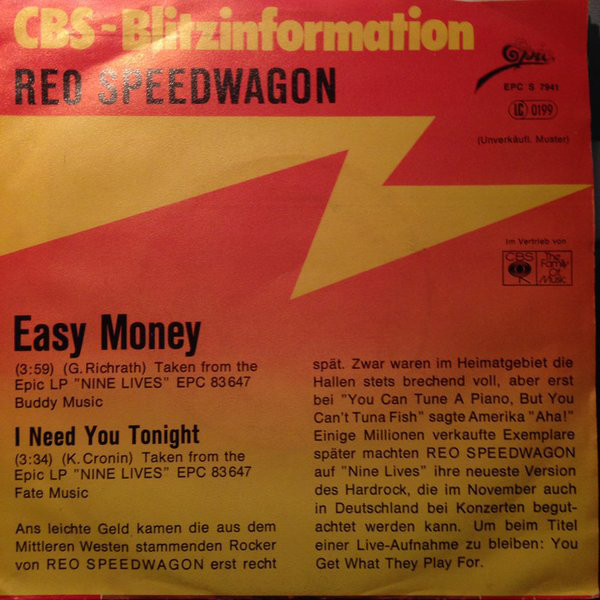 Accords et paroles Easy Money REO Speedwagon
