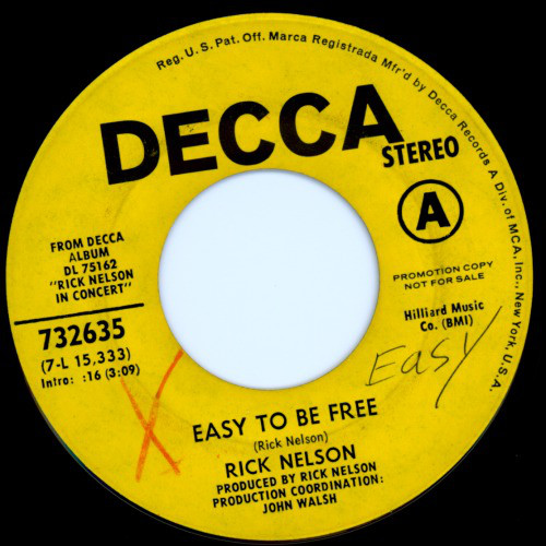 Accords et paroles Easy To Be Free Ricky Nelson