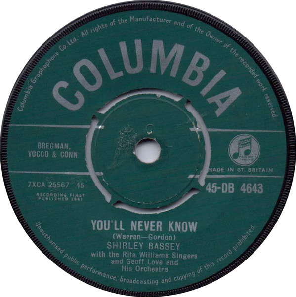 Accords et paroles You'll Never Know Shirley Bassey