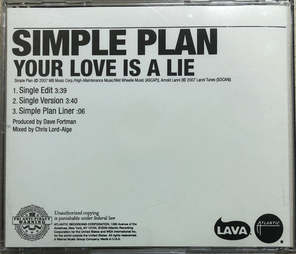Accords et paroles Your Love Is A Lie Simple Plan