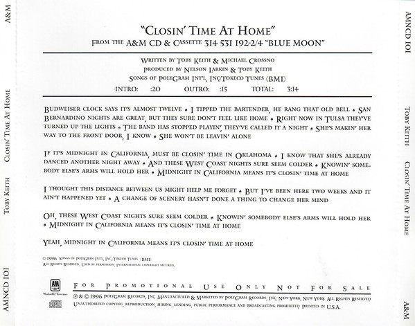 Accords et paroles Closin' Time At Home Toby Keith